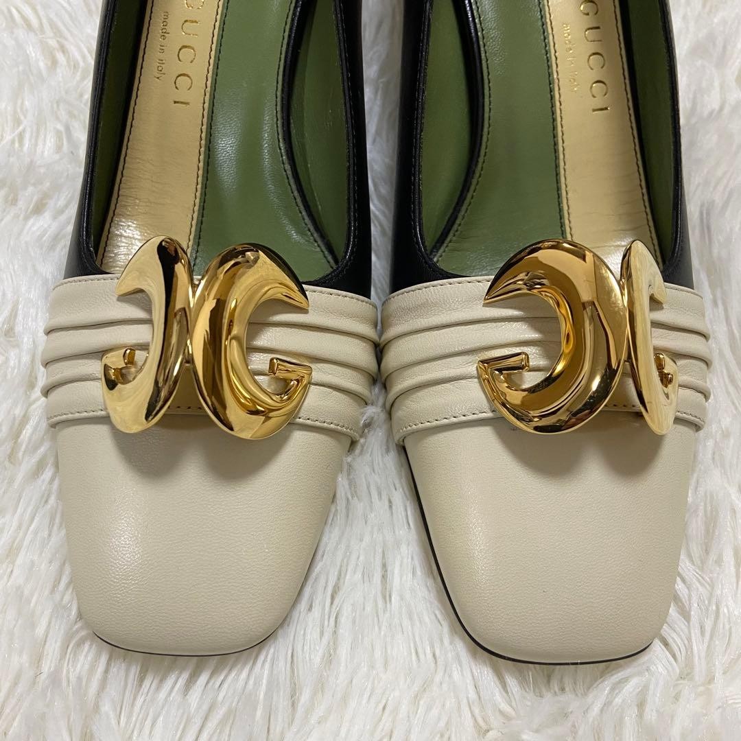 Auth Gucci GG Pumps Leather Bicolor White Black Logo Heel EU36 US6 UK3 thumbnail 3