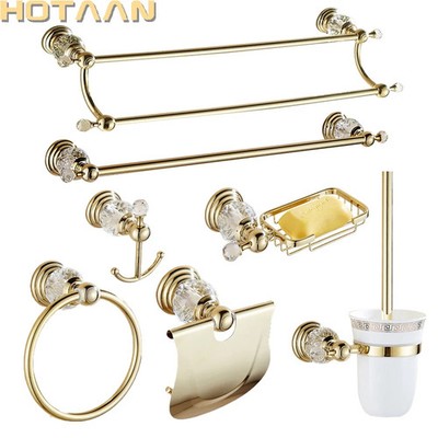 Luxury Gold Crystal Bathroom Accessories Set Polished Brass Hardware Towel Bar