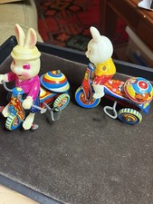 Pair Old Japan Tin Litho Toy Mechanical Very Fun Bunnies On Tricycles Colorful