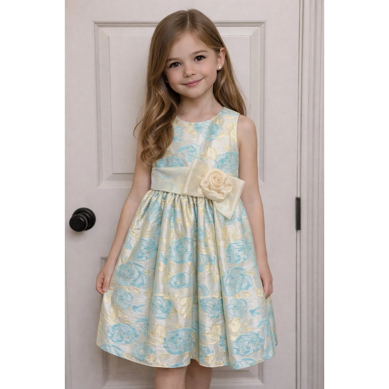 Girls Spring Flower Girl Dress Blue Gold Floral Jacquard Crayon Kids 9/10 USA