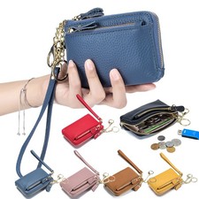 Unisex Genuine Leather Card Case Coin Purse Change Wallet Key Ring Wristlet Bag