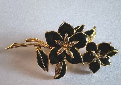 Vintage Brosche Blumen Emaille Strass Schwarz-Gold Vergoldet Signatur C'EST BIEN