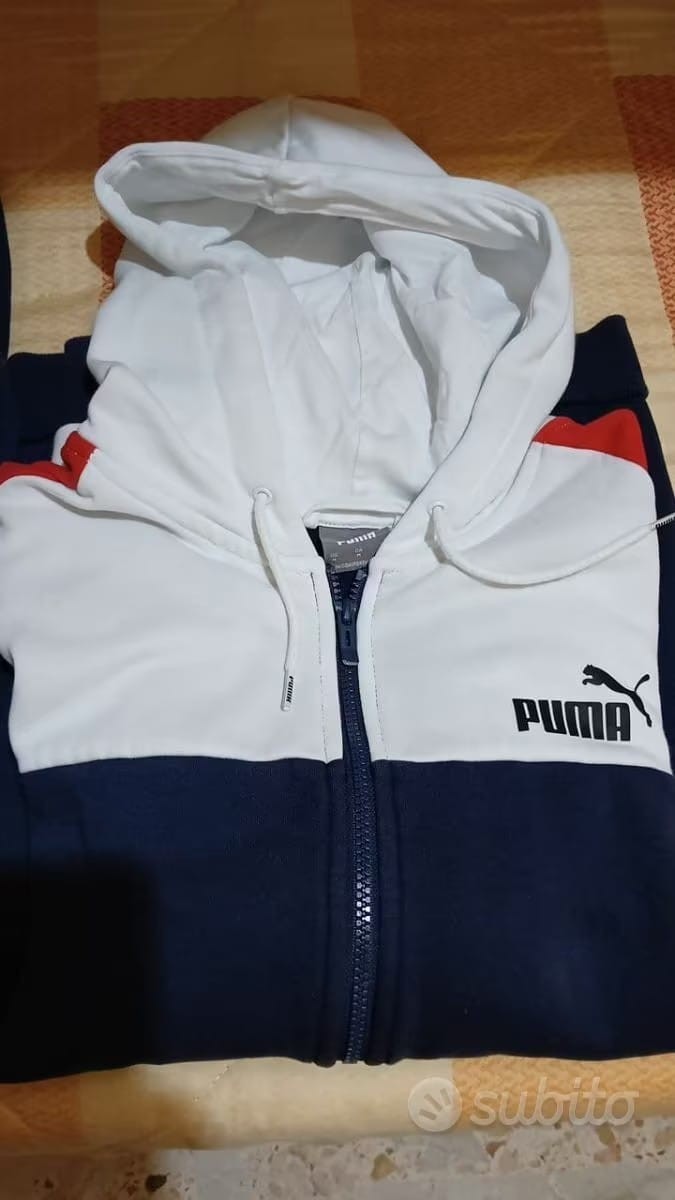 PUMA tuta sportiva uomo M bianco/blu 2 pezzi felpa zip cappuccio + pantaloni