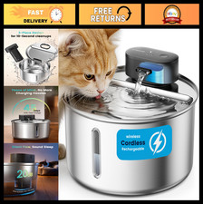 Wireless Stainless Steel Cat Water Fountain 3.2L, Ultra Quiet, Rechargeable, 3 F