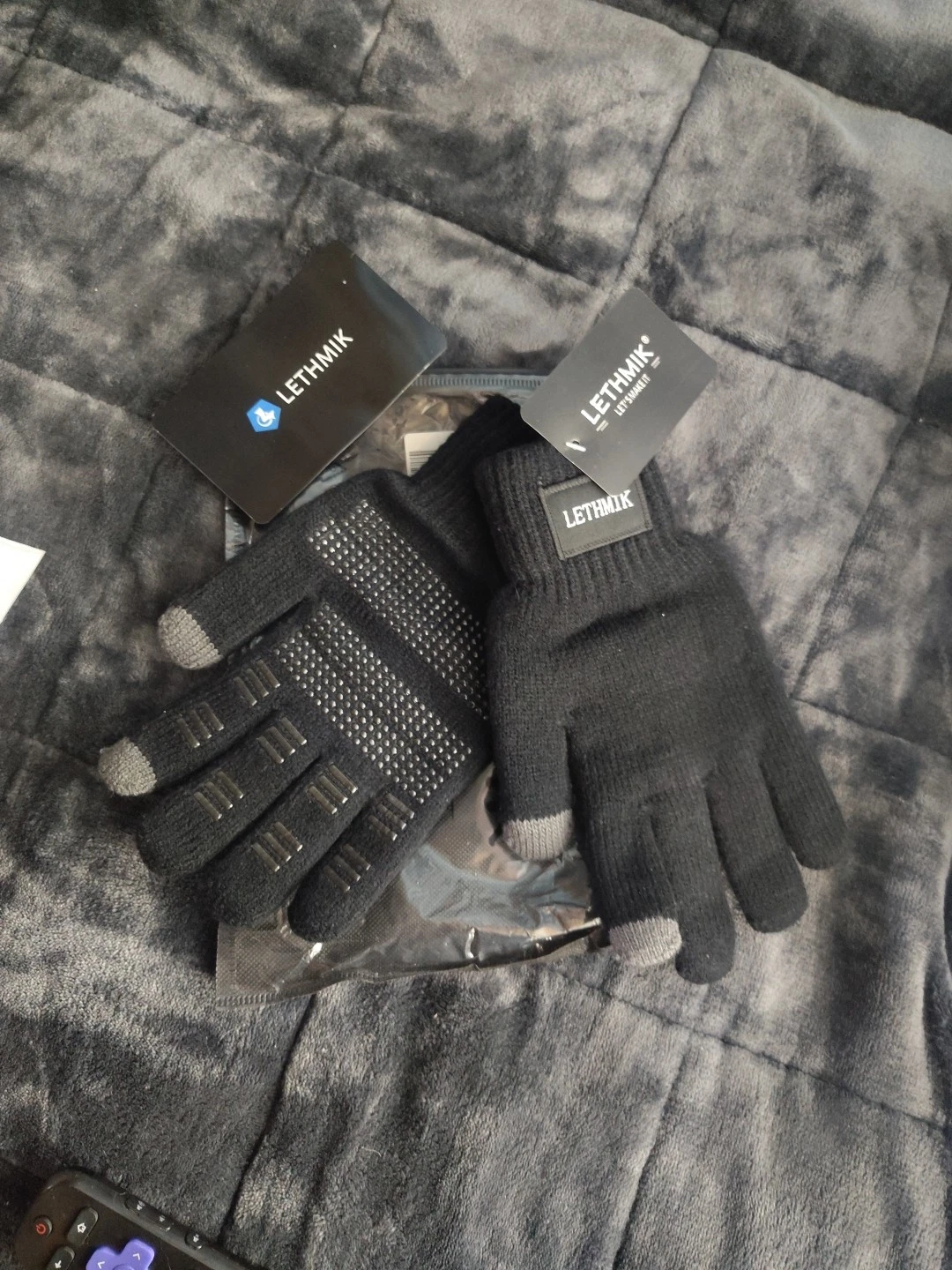 LETHMIK Thick Winter Knit Adult Black Gloves Warm Fleece Lined Unique Knitted
