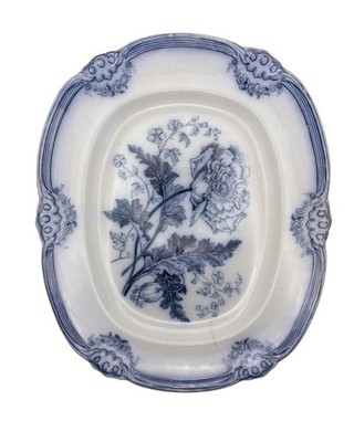 Antique J. Ridgeway Flow Blue Ironstone Platter Moss Rose 1840s