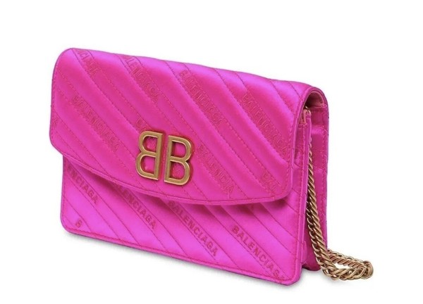 Balenciaga BB Chain Wallet Hot Pink Fuchsia Satin Jacquard Shoulder Bag