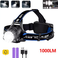 LED Stirnlampe Super Hell Wiederaufladbar Kopflampe  3 Modi+2 Akkus 1000LM