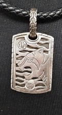 John Hardy Dayak 925  Sterling Silver Dog Tag on Leather Necklace