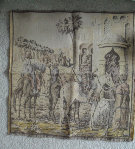 Antique Early 1900s Era Tapestry Middle East Men on Horses Scene 19x18.5" - Picture 1 of 2