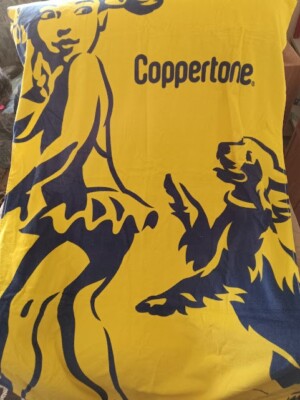Coppertone Sunscreen Beach Towel  girl and dog  3' x 5'  Yellow And Blue New