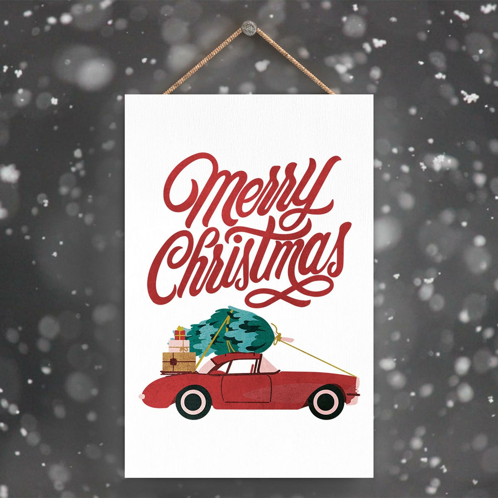 MERRY CHRISTMAS CAR AND TYPOGRAPHY ON A RECTANGLE PORTRAIT WOODEN HANGING PLAQUE
