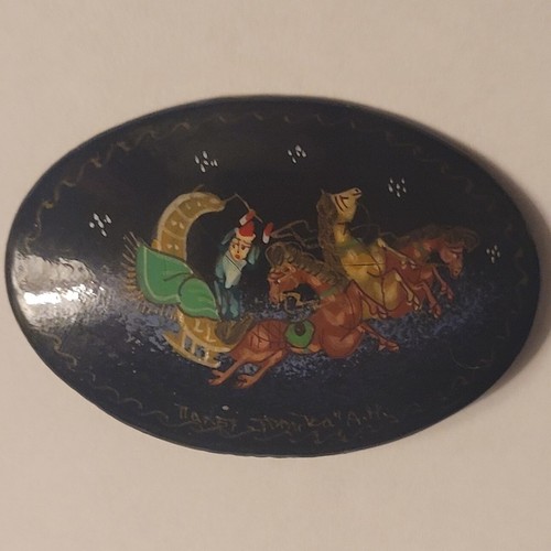 Russian Brooch Lacquer Vintage Christmas Santa Troika Pin