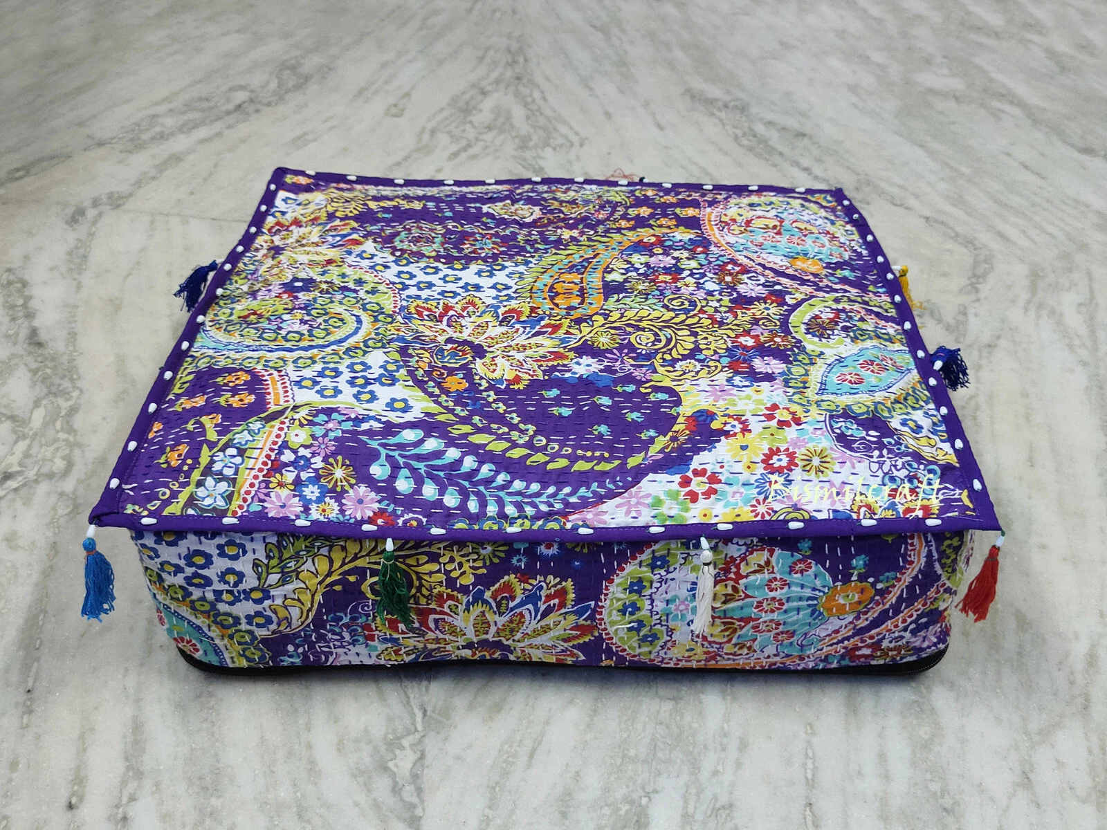 20X20X5" Square kantha Cushion Cover Purple Paisley Print Floor Pillow Cover