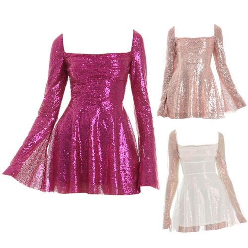 Damen Pailletten Cocktail Party Kleid Schlagärmel eckiger Ausschnitt Schnürkleid - Bild 4 von 20