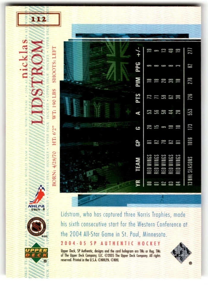 Nicklas Lidstrom 2004-05 SP Authentic AWT #112 Detroit Red Wings - Image 2 of 2