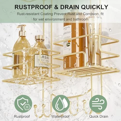 Shower Caddy Hanging, Bathroom Shower Organizer, No Drilling Shower Gold