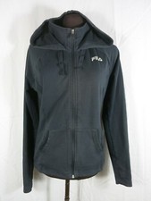 Fila Sport Black Jersey Knit Hoodie Womens Jacket Long Sleeve Thumb Hole Zip XS