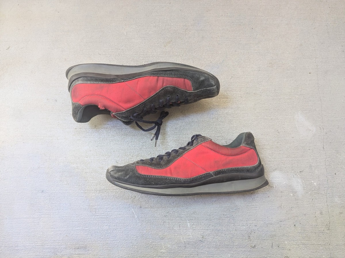 Prada Sneakers Red Nylon Navy Blue Suede Men 10 Low Tops Lace Up