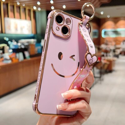 Cute Smile Case Wrist Strap Stand Cover For iPhone 16 Pro Max 15 14 13 12  11 XS
