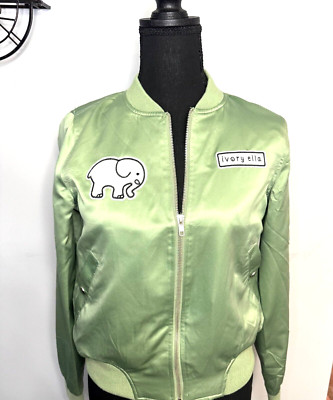 Ivory Ella Satin Green Bomber Jacket Size S Save the Elephants