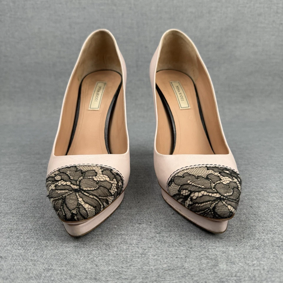Nina Ricci Pumps Women's 6 Petal Pink Black Lace Platform High Heel Pinup Bridal - Изображение 3 из 4