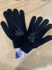 Women Winter Knitted Gloves- Black with Rhinestones-One Size