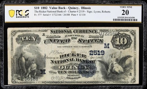 1882 Value Back Fr. 577 $10 Ricker National Bank of Quincy, IL PCGS Very Fine 20