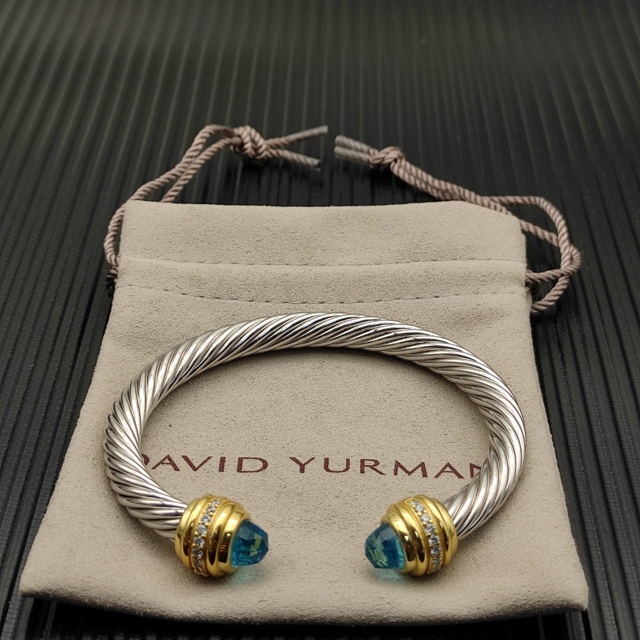 David Yurman Two Tone Cable Cuff Bracelet 925 Silver 18K Gold Blue Stone 7.5-8