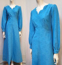 Vintage 1960s Blue Floral Paisley Motif Double Knit Maxi Dress - Size S - EUC