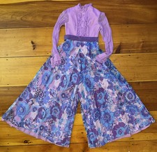 Vintage 70s Wide Leg Palazzo Jumpsuit Psychedelic Chiffon Sheer Sleeve Hostess