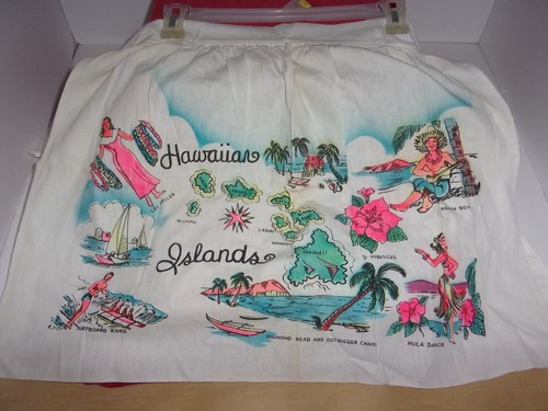 Hawaiian Islands vintage 1950's cotton printed souvenir apron hula lei VGUC