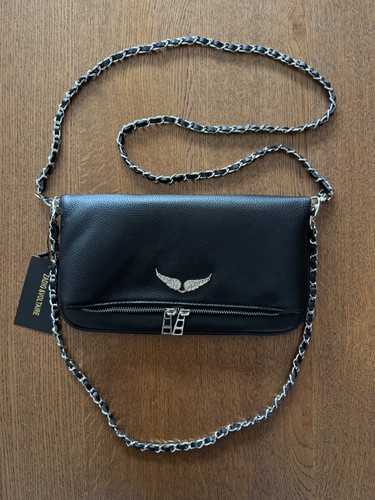 Zadig & Voltaire Rock Black Silver Chain Grainy Leather Shoulder Bag