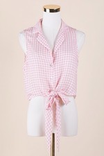 Sz S Show Me Your Mumu Sleeveless Collared Tie Front Gingham Pink White Top GUC