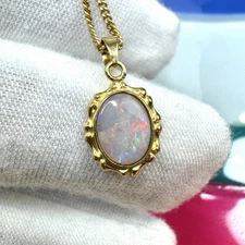 Australian Solid Crystal Opal Pendant 14k 585 Yellow Gold Red Green Blue