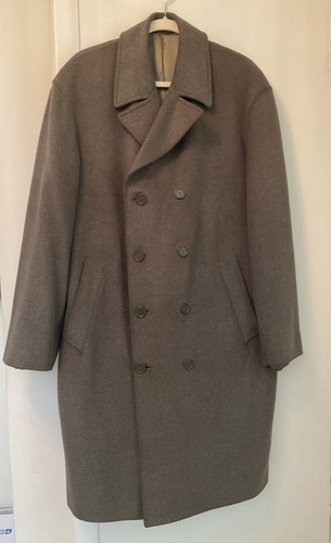 VINTAGE MENS BILL BLASS ITALY OLIVE DOUBLE BREASTED WOOL SILK OVERCOAT 42 L