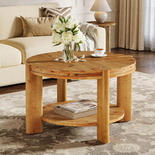Round Coffee Table Suitable for Living Room - Solid Wood Farmhouse Style with 2T