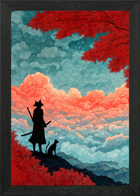 Samurai und Katze in Herbstlandschaft gerahmtes Wandbild Poster Leinwanddruck Bild