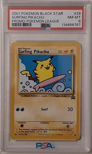 Pokemon Black Star Surfing Pikachu Pokemon League Promo #28 PSA 8 Vintage D2