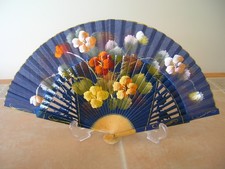 Vintage Navy Blue Handheld Painted Folding FAN Floral Wood Cut Out Ribs Fabric