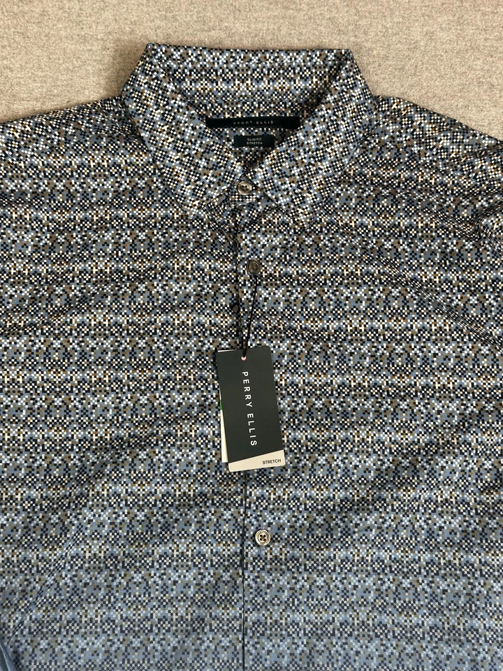 Perry Ellis Shirt Men Large Parisian Blue Slim Fit Button Down Ombre Stretch - Image 4 of 4