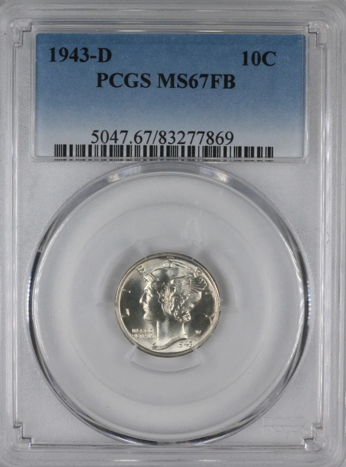 Moneda de diez centavos Mercury 1943-D 10c - graduación profesional MS 67 FB