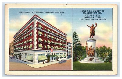 1946 FREDERICK, MD Postcard-  GRAVE,MONUMENT AND FRANCIS SCOTT KEY HOTEL