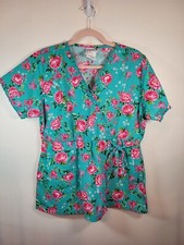 UA Scrubs Womens Short Sleeve Faux Wrap Floral Scrub Top Ruffle Detail Large