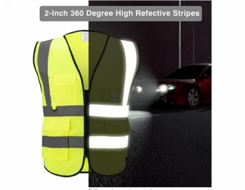 Security Safety Vest High Visibility YELLOW Reflective Strips w/pockets BLK text - Picture 4 of 5