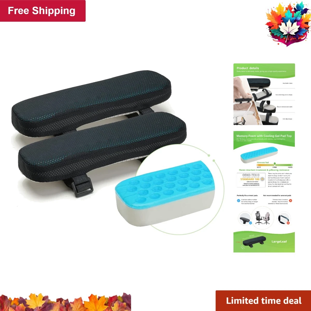Chair Armrest Cooling Gel Cushions Memory Foam Pressure Relief