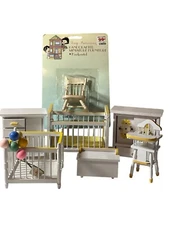 Miniature Doll House Nursery Baby White Yellow Wood Crib High Chair Playpen Vtg