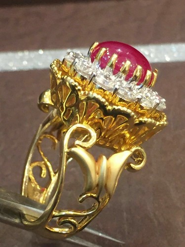 5,71 Cts rotondo brillante taglio diamanti Anello cocktail Rubino in 585 14K oro - Foto 7 di 12