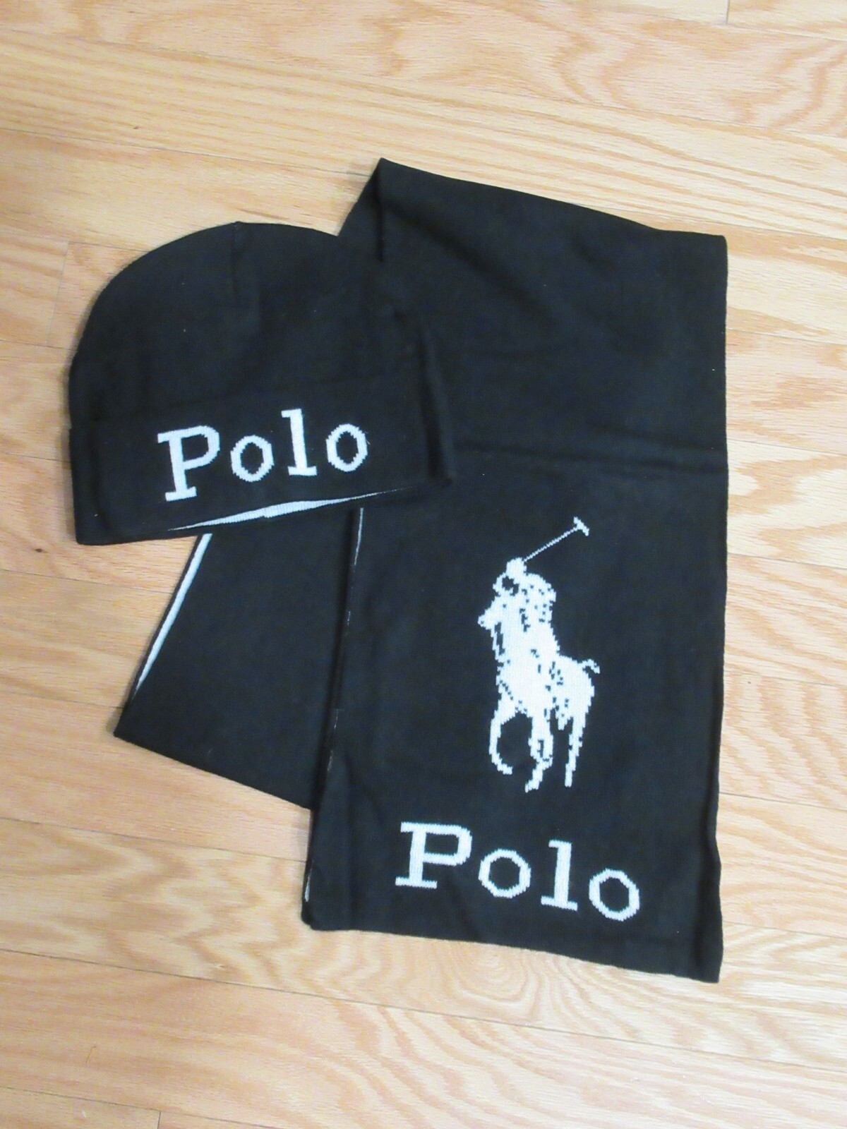 Polo uomo Ralph Lauren 2 pezzi Set Cappello Berretto + Sciarpa Confezione Regalo Big Pony Logo Nero