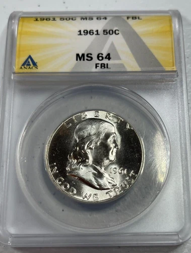 1961  Franklin US Half Dollar,   MS64 by ANACS,   FBL,   SUPERB looking coin!!!!